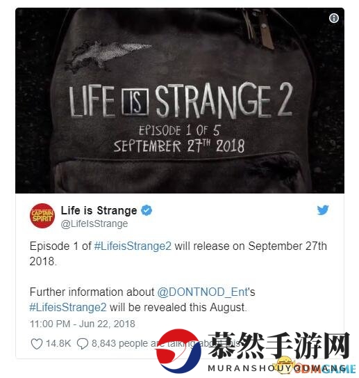 《奇异人生2》官方推特公布首章将于9月27日推出